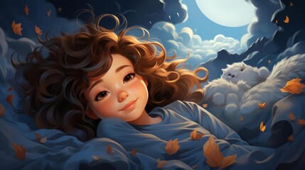 A girl with long hair is laying in bed with a cat on her lap