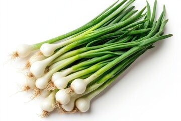A bunch of fresh spring onions with vibrant green tops, isolated on white