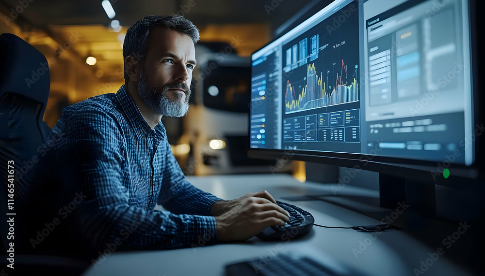 Poster a focused professional analyzes data on a dual-monitor setup in a modern workspace.