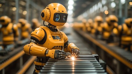 Fototapeta premium The Future of Manufacturing: A close-up shot of a sleek, yellow robot working diligently on an assembly line, surrounded by its robotic counterparts in a futuristic factory setting.