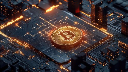 Golden Bitcoin Coin on Circuit Board in a Digital Finance Concept
