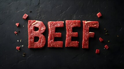 Fresh beef displayed in bold lettering against a dark background for culinary inspiration