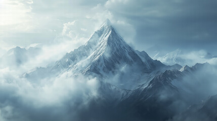 Majestic mountain peak piercing through clouds, surrounded by dramatic scenery. snow capped summit stands tall against moody sky, evoking sense of adventure and awe