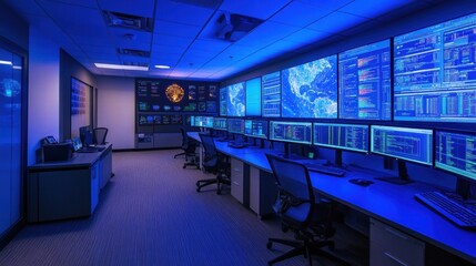 modern cybersecurity operations center with multiple monitors
