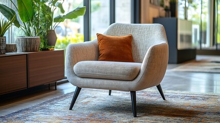 Modern lounge area with a cozy armchair and a stylish rug adding a chic touch to the space