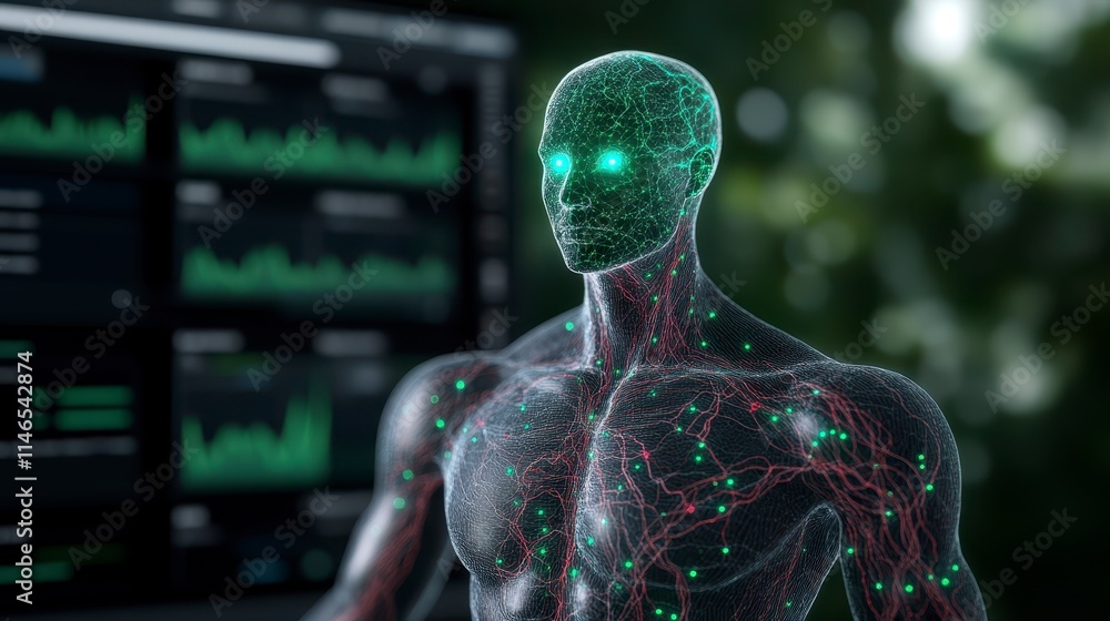 Poster a digital representation of a human figure with glowing features, surrounded by data analytics and g