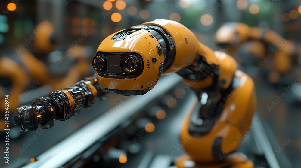 Poster automated precision: a close-up of a robotic arm, gleaming yellow and black, in a high-tech factory 