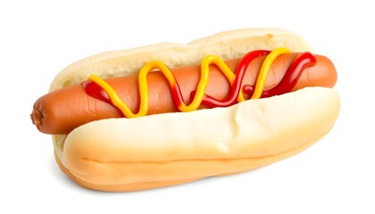 A mouthwatering hot dog served on a soft bun, topped with vibrant streaks of ketchup and mustard, creating a classic and appetizing snack. The simple yet iconic presentation emphasizes its delicious a