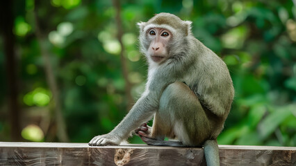 Obraz premium Portrait of a cute macaque monkey sitting on the wall