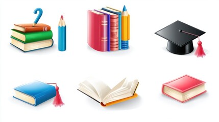 A detailed series of glossy education icons in bright hues, featuring books, pencils, and graduation caps, isolated on white