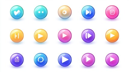A detailed set of glossy multimedia icons in bright colors, including play, pause, and stop buttons, floating on white