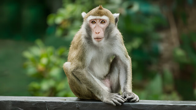 Portrait of a macaque monkey sitting on the bench 