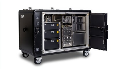 Obraz premium A portable equipment rack with multiple components, designed for easy transport and setup in various environments.