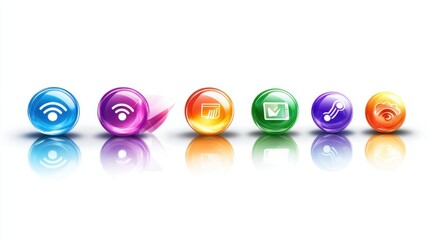A group of colorful glossy internet icons, including Wi-Fi, browsers, and cloud symbols, rendered with sleek reflections, on white