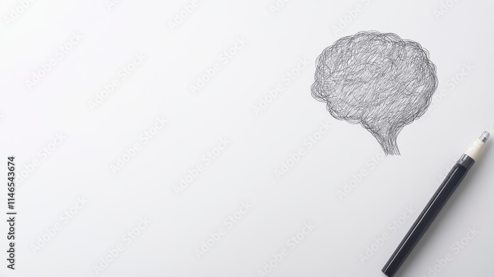 Poster a minimalist image featuring a sketched brain on a blank page next to a black pen, symbolizing creat