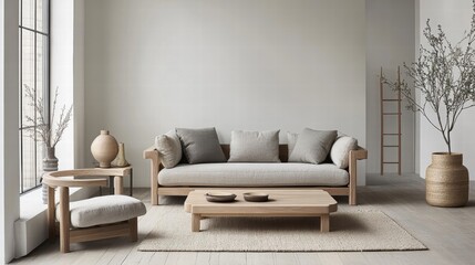 modern minimalist living room with light wood sofa and coffee ta