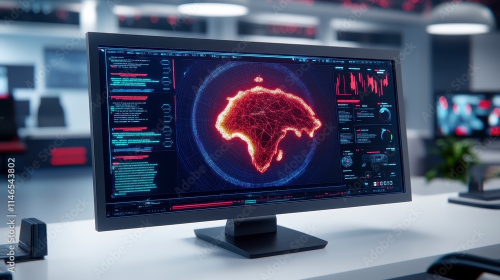 Poster a high-tech monitor displays a glowing map of africa, surrounded by data analytics and digital inter
