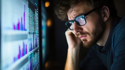Person looking worried at computer screen, reflecting the pressures and challenges of modern digital life.   Navigating complex technology and information overload.