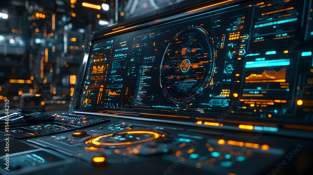 Aufkleber futuristic control panel with glowing screens and intricate data displays.