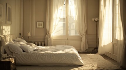 Fototapeta premium sunlit bedroom with white bedding and sheer curtains