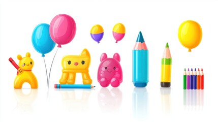 Obraz premium A playful set of glossy kids' icons, featuring toys, balloons, and crayons, rendered with bright colors and reflections, on white