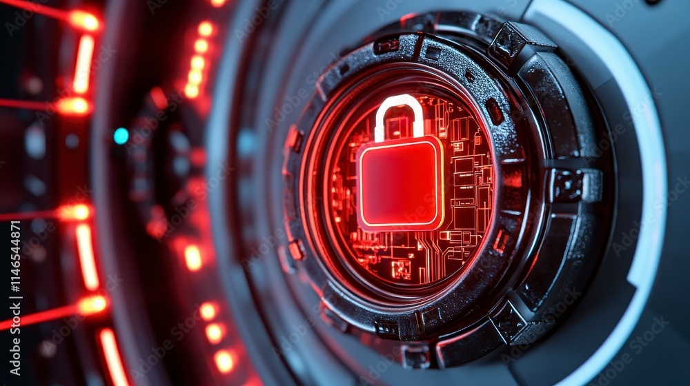 Aufkleber a futuristic lock with a glowing red design, integrated into a high-tech interface, symbolizing secu
