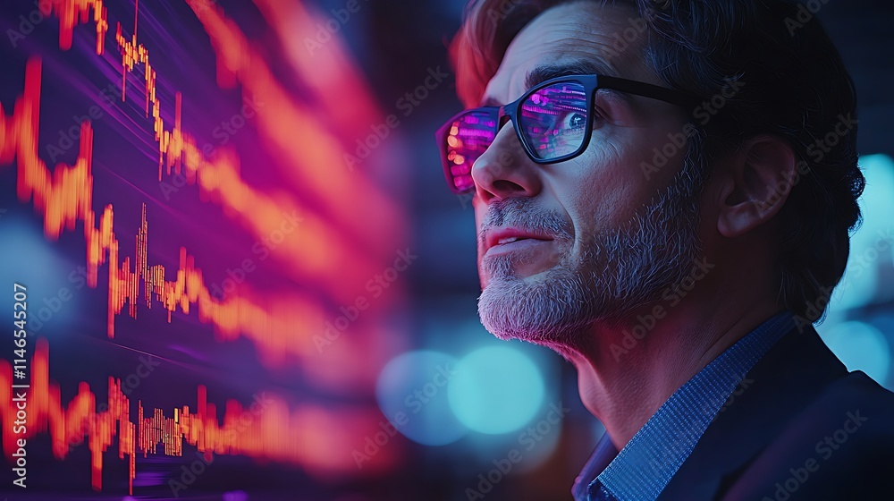 Poster data driven decisions: a pensive businessman, illuminated by vibrant data visualizations, exudes con
