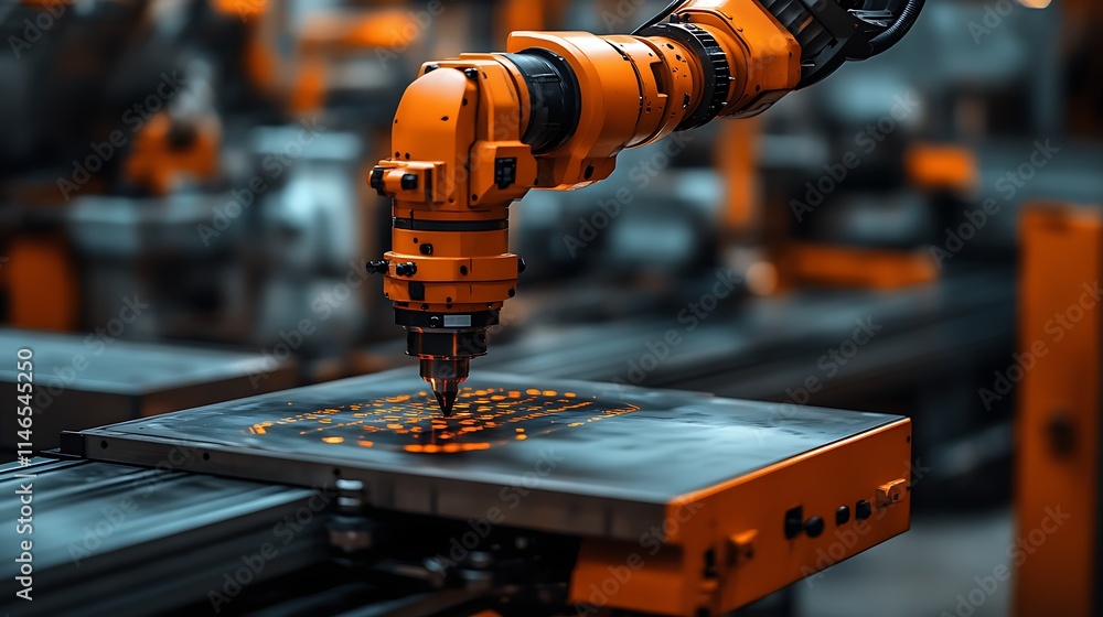 Poster industrial automation: a close-up view of a robotic arm in an automated manufacturing facility, show