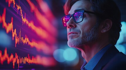 Data Driven Decisions: A pensive businessman, illuminated by vibrant data visualizations,  exudes confidence and determination as he analyzes key insights.