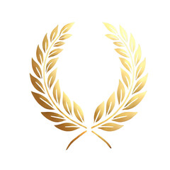 Obraz premium Golden Laurel Wreath Award Icon with Leaves and Wheat Branches Symbolizing Victory and Success, isolated on transparent background. PNG