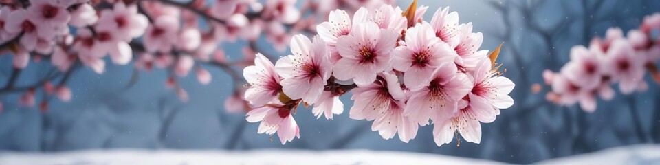 Delicate cherry blossom leaf on a snowy background, nature isolated leaf, blossom details, natural beauty