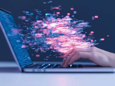 Digital Glitch Hand Typing on Keyboard with Pixelated Overlay in Modern Tech Scene - Powered by Adobe