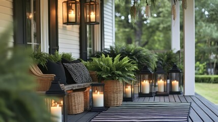 Fototapeta premium Cozy farmhouse porch with lanterns, plants, and pillows at dusk.