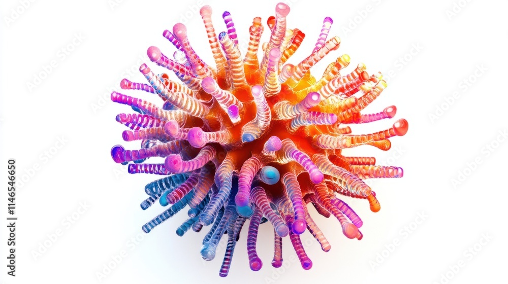 Poster a close-up 3d model of a virus particle with a dense array of spike proteins, rendered in bright col
