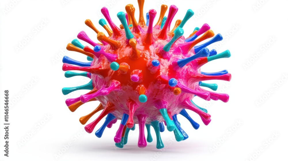 Poster a close-up 3d model of a virus particle with a dense array of spike proteins, rendered in bright col