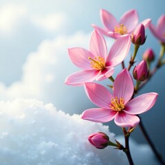 Naklejka premium Delicate pink flower blooms on snowy white background, floral, pink flowers
