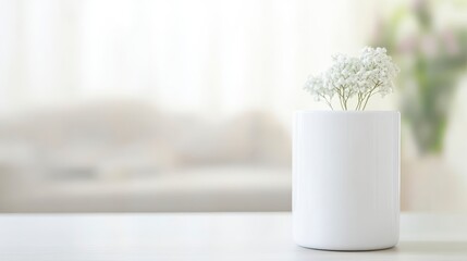 A minimalistic white vase holds delicate flowers, set against a softly blurred background, creating a serene and elegant atmosphere.