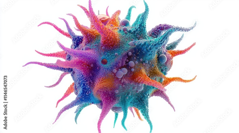 Poster a colorful 3d virus cell with textured spikes and a smooth core, designed with scientific precision,