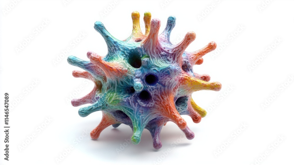 Poster a colorful 3d virus cell with textured spikes and a smooth core, designed with scientific precision,