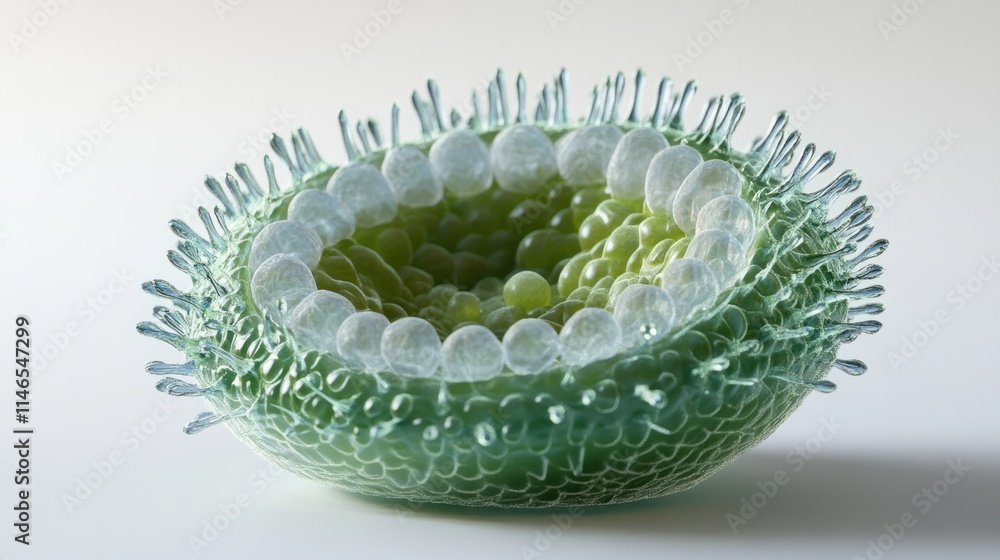 Poster a cross-section 3d rendering of a virus cell revealing its core structure and spiky outer layer, iso