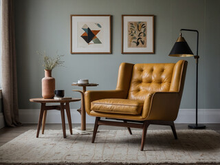 Stylish yellow armchair in modern living room interior design cozy atmosphere minimalist style contemporary view
