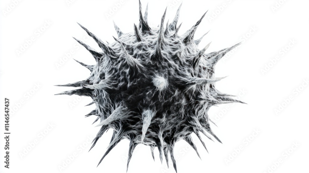 Poster a detailed 3d representation of a virus cell with a rough surface texture and long, sharp spikes, is