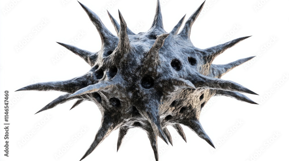 Poster a detailed 3d representation of a virus cell with a rough surface texture and long, sharp spikes, is