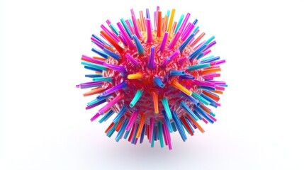 Obraz premium A detailed 3D depiction of a spherical virus cell with tightly packed spikes, rendered with vivid colors, isolated on white