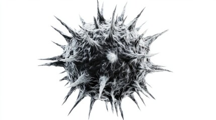 A detailed 3D representation of a virus cell with a rough surface texture and long, sharp spikes, isolated on white