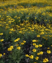 Dense field of black cumin plants with small yellow flowers , landscape, plant species