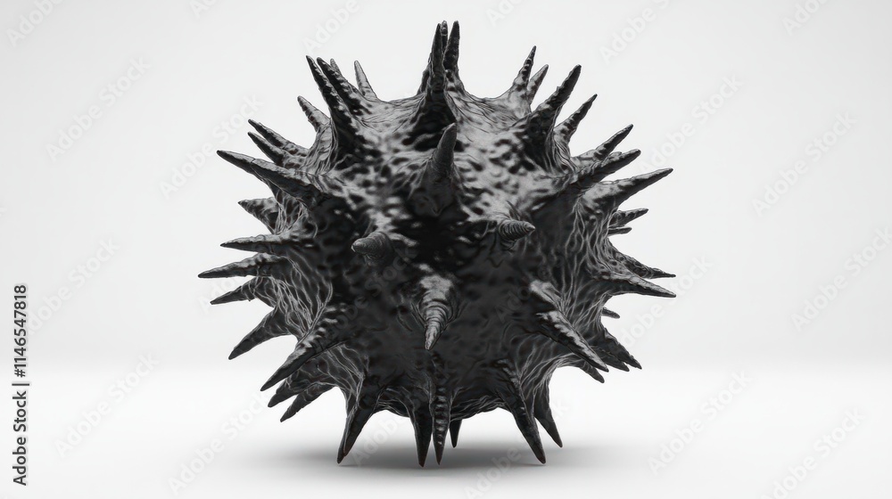 Poster a detailed 3d virus cell with a spherical core and sharp spikes radiating outward, isolated on a cle