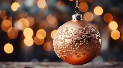 A gold ornament hanging from a string