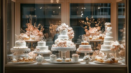 elegant wedding cakes display in pastry shop window