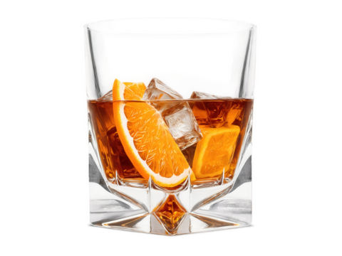 Old Fashioned cocktail, large ice cube, orange peel, rich amber whiskey, short tumbler glass, luxurious liquid pour, warm tones